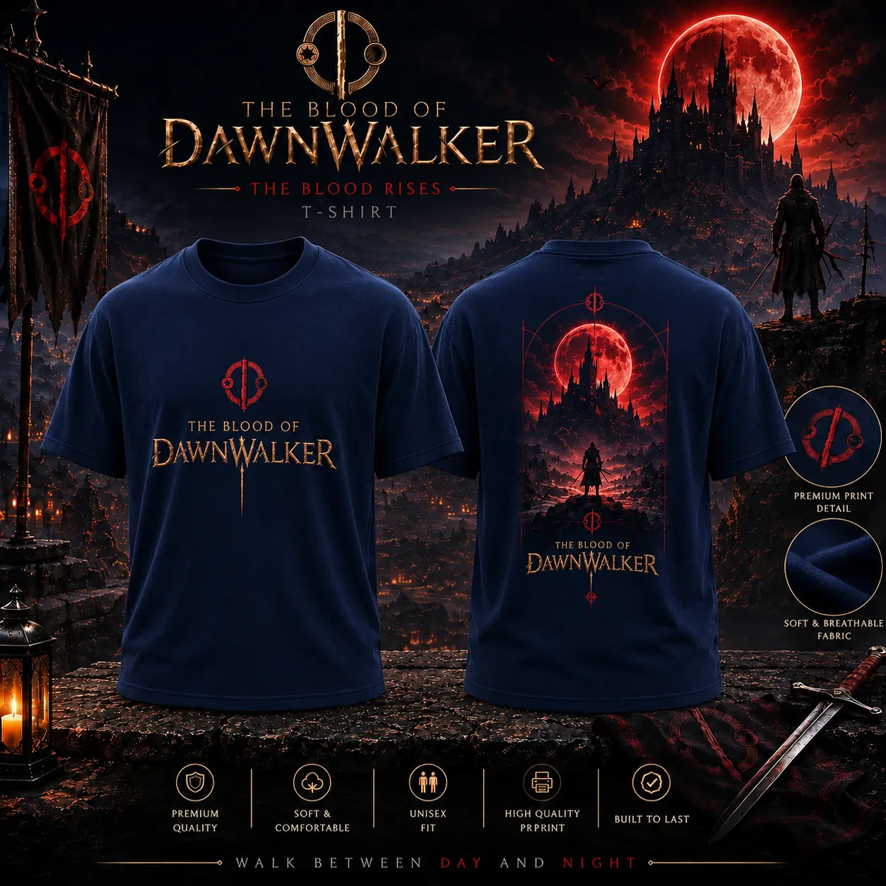 The Blood of Dawnwalker Blood Moon Castle Navy Blue T-Shirt